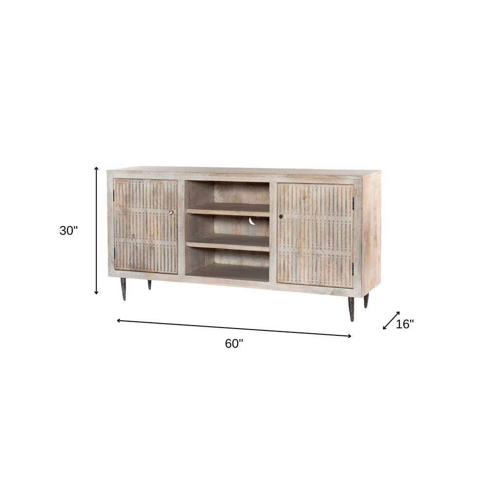 60" Ivory Carved Geometric Distressed Solid Wood Enclosed and Open Storage TV Stand HomeRoots