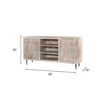 60" Ivory Carved Geometric Distressed Solid Wood Enclosed and Open Storage TV Stand HomeRoots