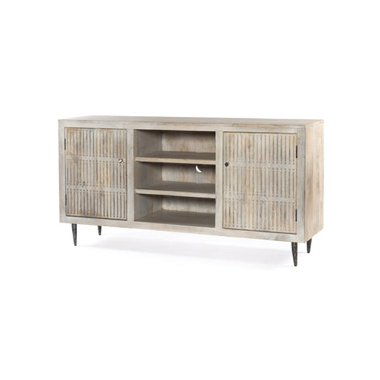 60" Ivory Carved Geometric Distressed Solid Wood Enclosed and Open Storage TV Stand HomeRoots