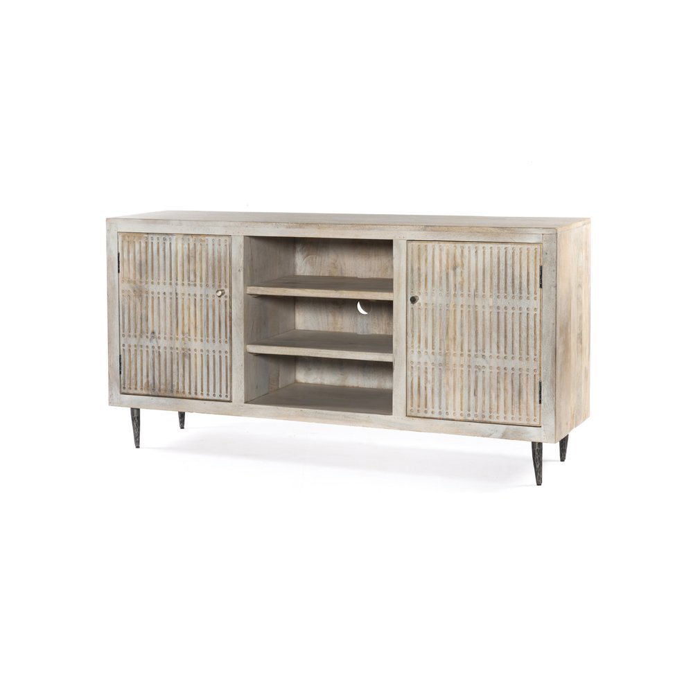 60" Ivory Carved Geometric Distressed Solid Wood Enclosed and Open Storage TV Stand HomeRoots