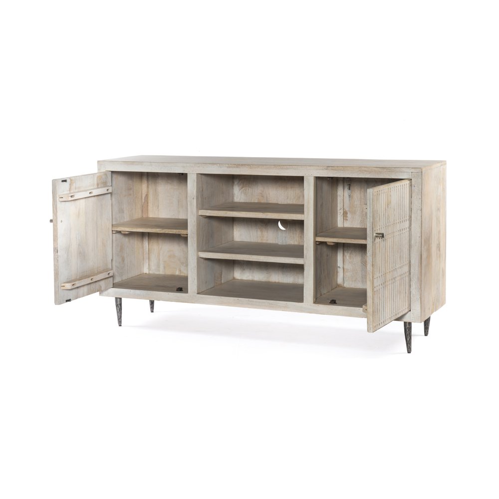 60" Ivory Carved Geometric Distressed Solid Wood Enclosed and Open Storage TV Stand HomeRoots