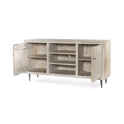 60" Ivory Carved Geometric Distressed Solid Wood Enclosed and Open Storage TV Stand HomeRoots