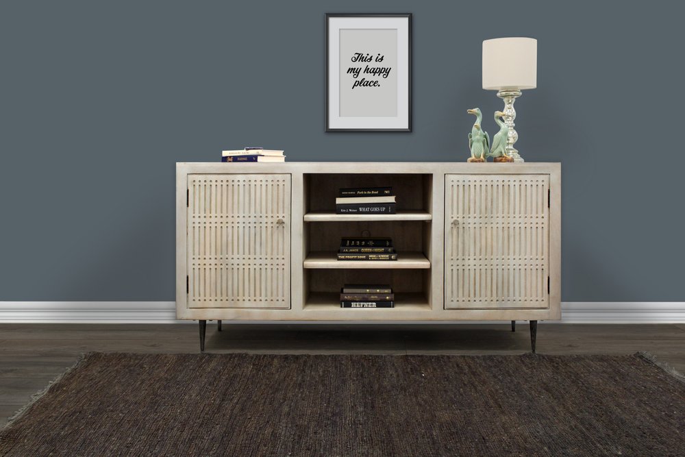60" Ivory Carved Geometric Distressed Solid Wood Enclosed and Open Storage TV Stand HomeRoots