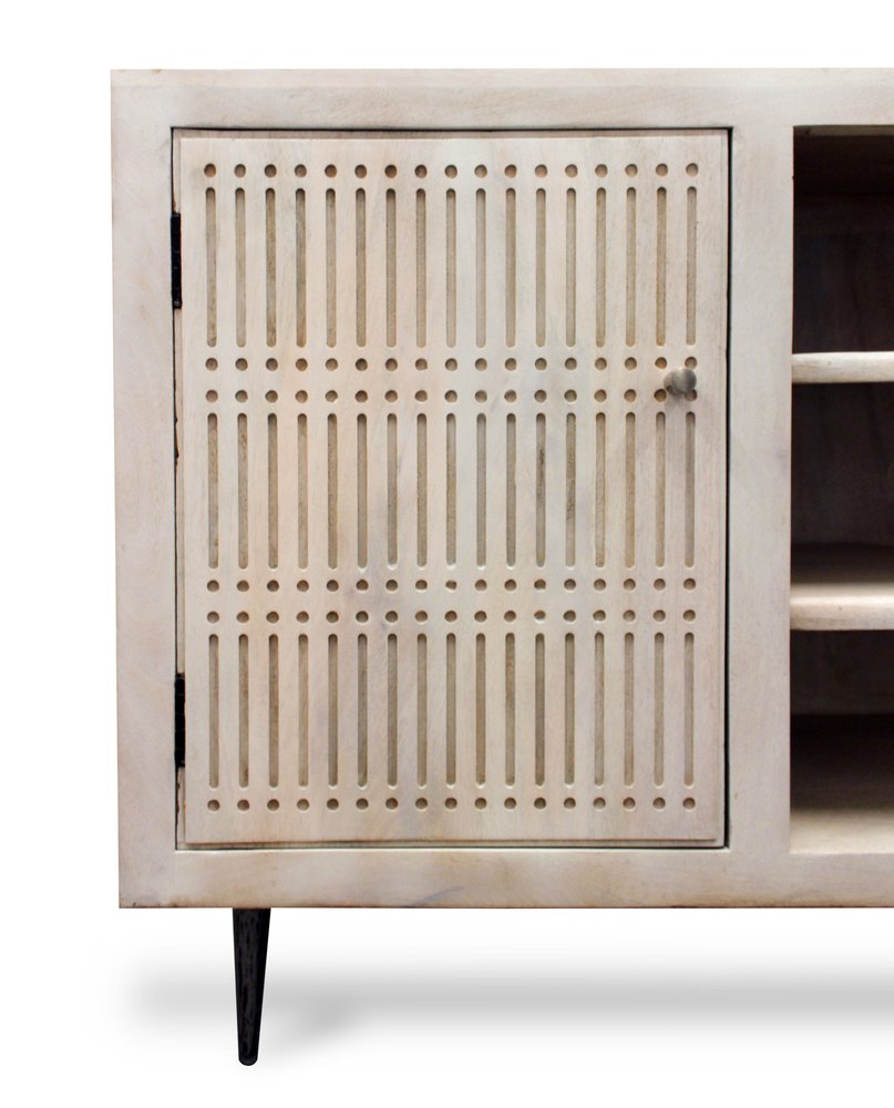 60" Ivory Carved Geometric Distressed Solid Wood Enclosed and Open Storage TV Stand HomeRoots