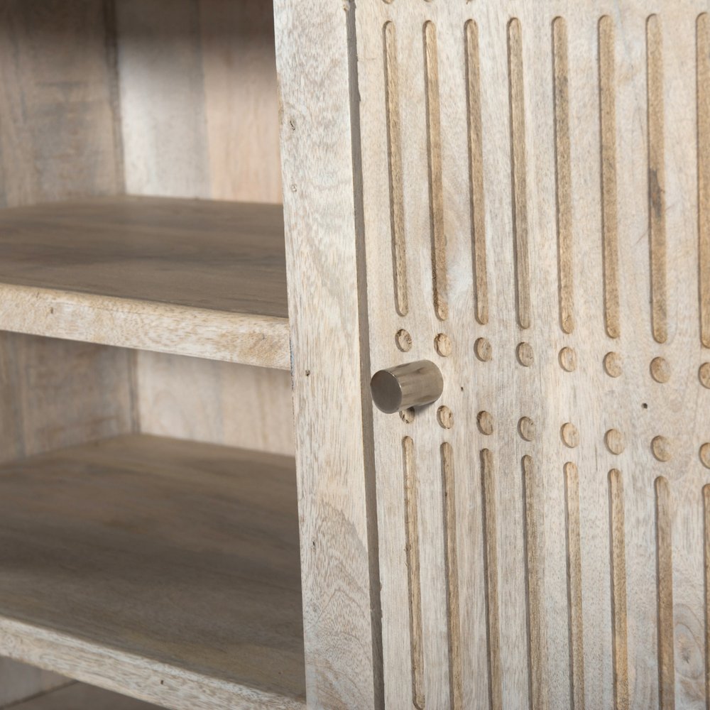 60" Ivory Carved Geometric Distressed Solid Wood Enclosed and Open Storage TV Stand HomeRoots