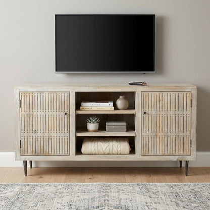 60" Ivory Carved Geometric Distressed Solid Wood Enclosed and Open Storage TV Stand HomeRoots