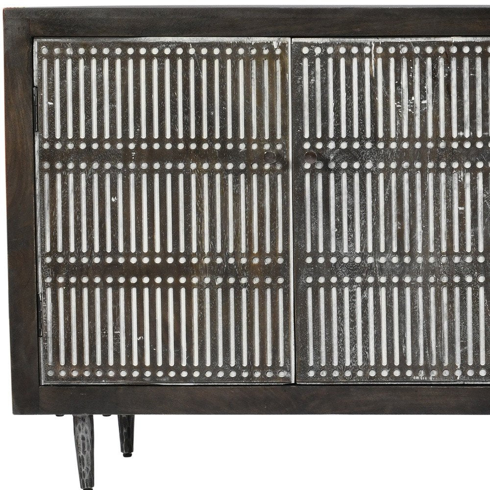 92" Dark Brown Carved Geometric Distressed Solid Wood Enclosed and Open Storage TV Stand HomeRoots