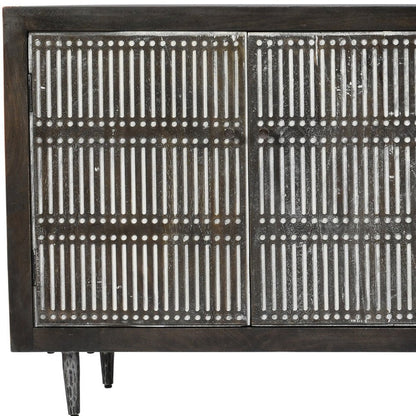 92" Dark Brown Carved Geometric Distressed Solid Wood Enclosed and Open Storage TV Stand HomeRoots