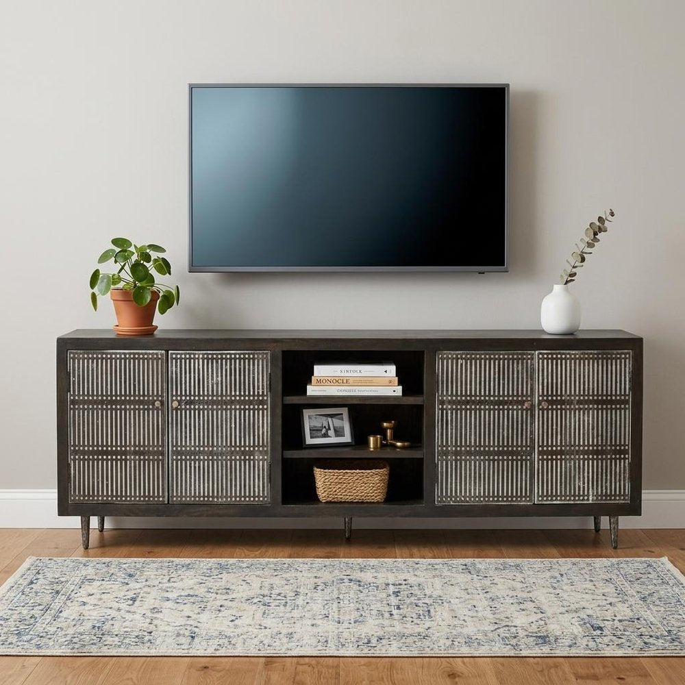 92" Dark Brown Carved Geometric Distressed Solid Wood Enclosed and Open Storage TV Stand HomeRoots