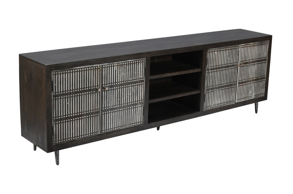 92" Dark Brown Carved Geometric Distressed Solid Wood Enclosed and Open Storage TV Stand HomeRoots