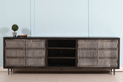 92" Dark Brown Carved Geometric Distressed Solid Wood Enclosed and Open Storage TV Stand HomeRoots