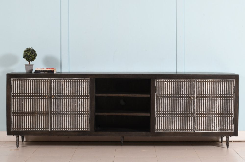 92" Dark Brown Carved Geometric Distressed Solid Wood Enclosed and Open Storage TV Stand HomeRoots