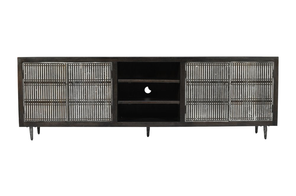 92" Dark Brown Carved Geometric Distressed Solid Wood Enclosed and Open Storage TV Stand HomeRoots