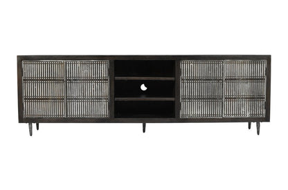 92" Dark Brown Carved Geometric Distressed Solid Wood Enclosed and Open Storage TV Stand HomeRoots