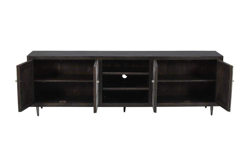 92" Dark Brown Carved Geometric Distressed Solid Wood Enclosed and Open Storage TV Stand HomeRoots