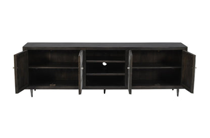 92" Dark Brown Carved Geometric Distressed Solid Wood Enclosed and Open Storage TV Stand HomeRoots