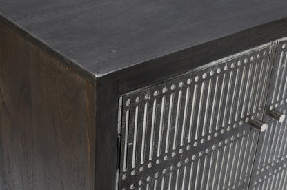 92" Dark Brown Carved Geometric Distressed Solid Wood Enclosed and Open Storage TV Stand HomeRoots