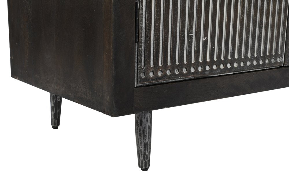 92" Dark Brown Carved Geometric Distressed Solid Wood Enclosed and Open Storage TV Stand HomeRoots
