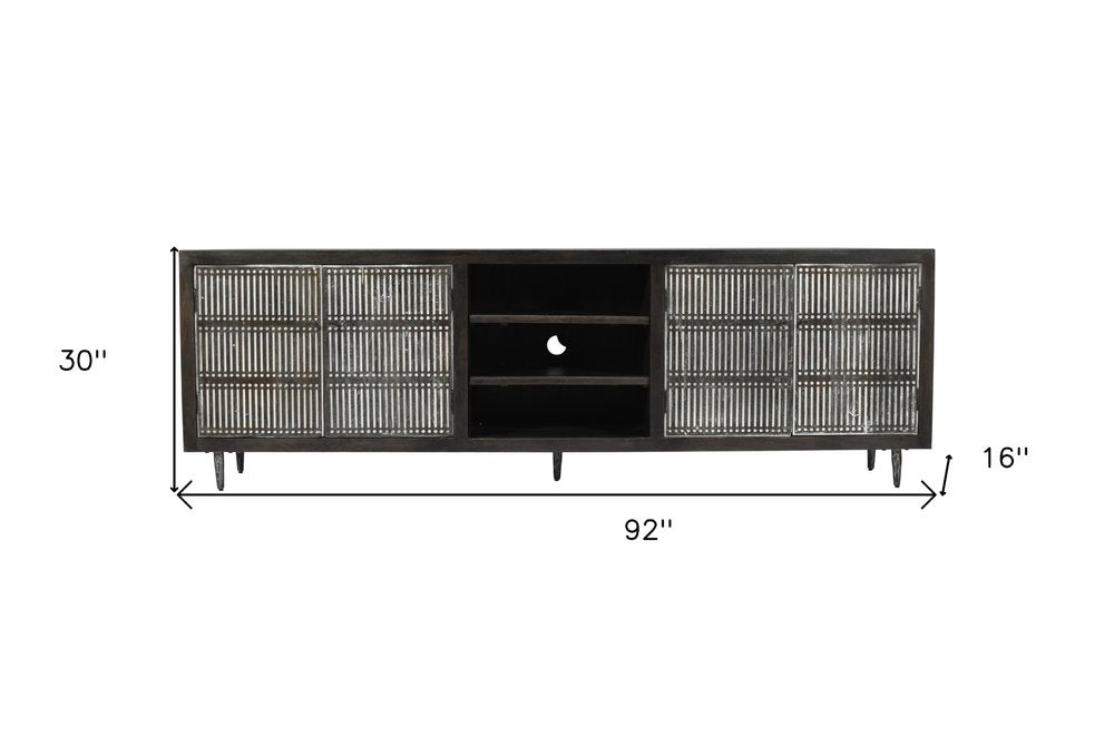 92" Dark Brown Carved Geometric Distressed Solid Wood Enclosed and Open Storage TV Stand HomeRoots
