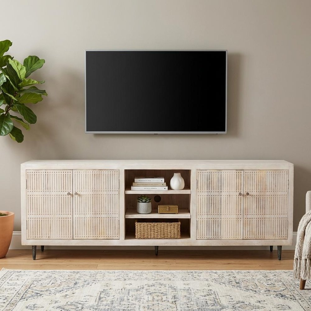 92" Ivory Carved Geometric Distressed Solid Wood Enclosed and Open Storage TV Stand HomeRoots