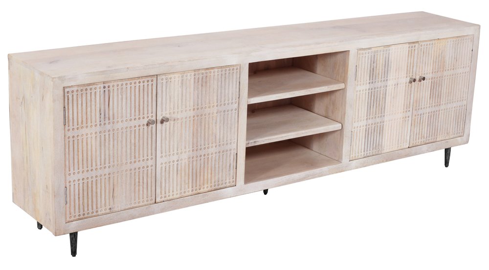 92" Ivory Carved Geometric Distressed Solid Wood Enclosed and Open Storage TV Stand HomeRoots