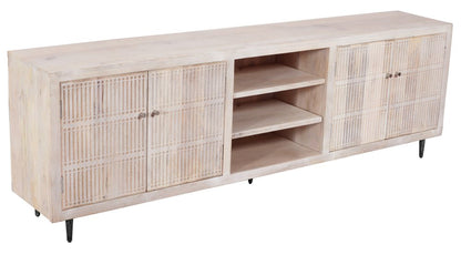92" Ivory Carved Geometric Distressed Solid Wood Enclosed and Open Storage TV Stand HomeRoots