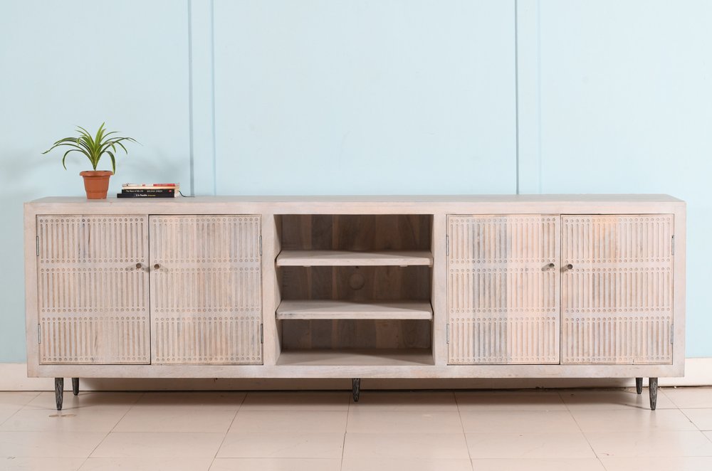 92" Ivory Carved Geometric Distressed Solid Wood Enclosed and Open Storage TV Stand HomeRoots