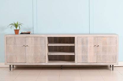 92" Ivory Carved Geometric Distressed Solid Wood Enclosed and Open Storage TV Stand HomeRoots