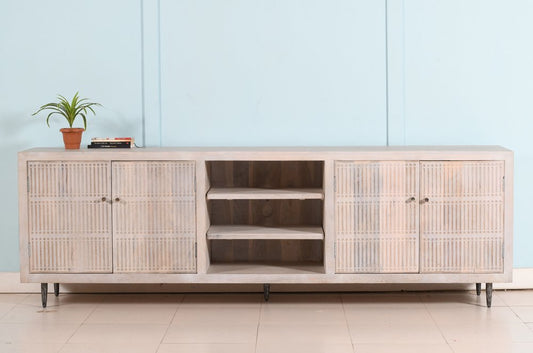 92" Ivory Carved Geometric Distressed Solid Wood Enclosed and Open Storage TV Stand HomeRoots
