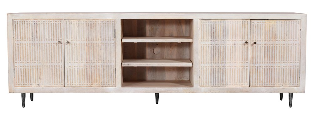 92" Ivory Carved Geometric Distressed Solid Wood Enclosed and Open Storage TV Stand HomeRoots