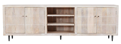 92" Ivory Carved Geometric Distressed Solid Wood Enclosed and Open Storage TV Stand HomeRoots