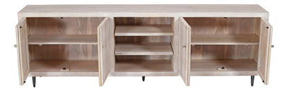 92" Ivory Carved Geometric Distressed Solid Wood Enclosed and Open Storage TV Stand HomeRoots