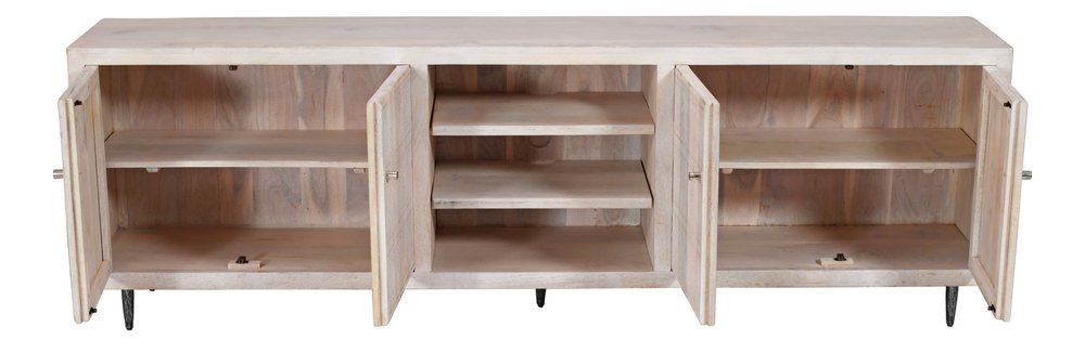 92" Ivory Carved Geometric Distressed Solid Wood Enclosed and Open Storage TV Stand HomeRoots