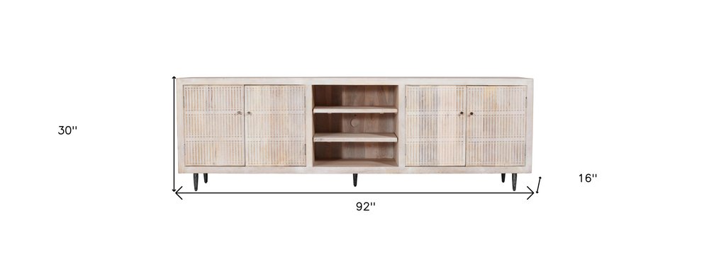 92" Ivory Carved Geometric Distressed Solid Wood Enclosed and Open Storage TV Stand HomeRoots
