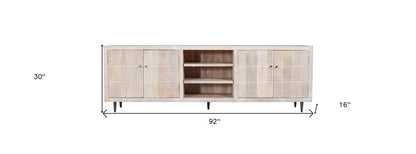 92" Ivory Carved Geometric Distressed Solid Wood Enclosed and Open Storage TV Stand HomeRoots