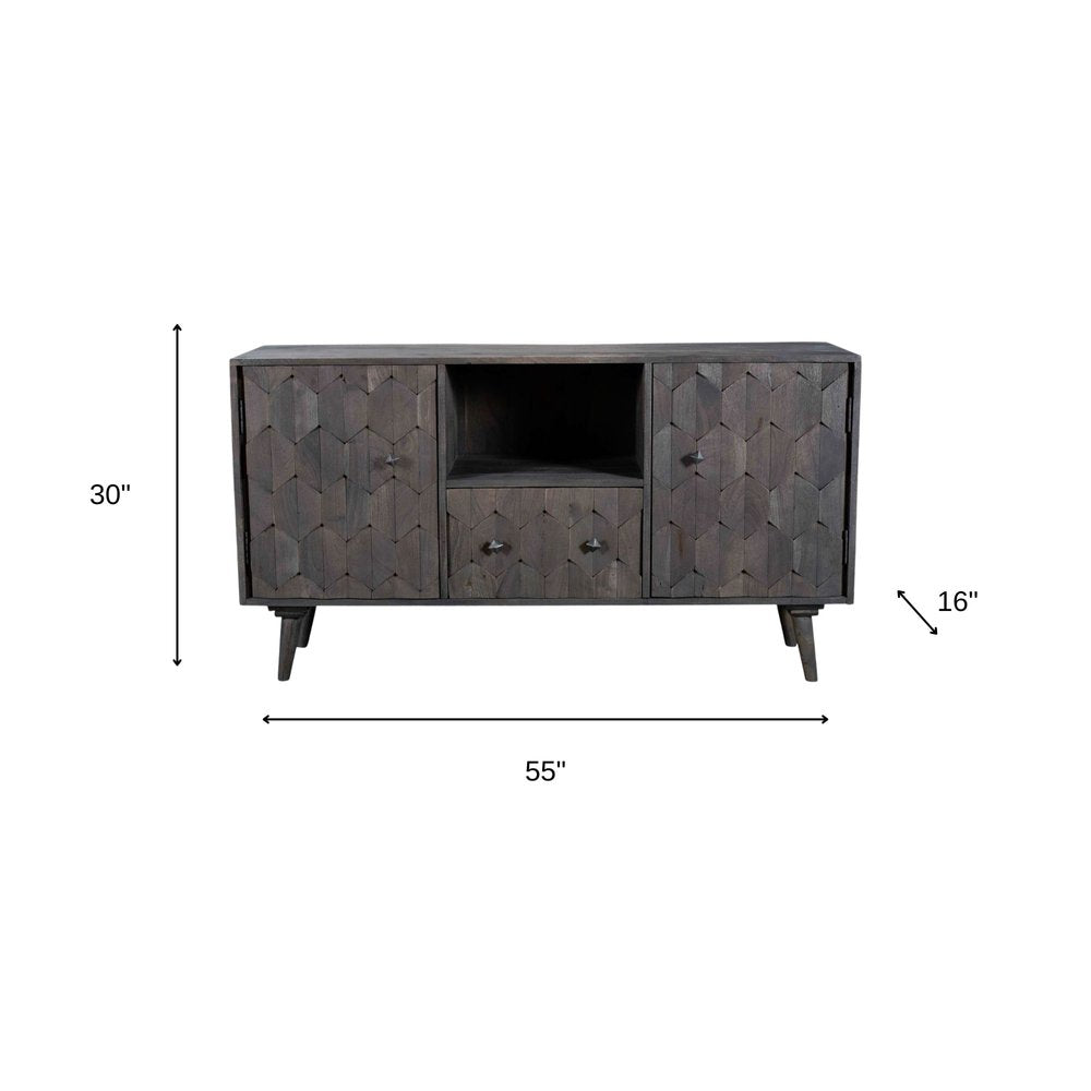 55" Dark Gray Carved Geometric Distressed Solid Wood Enclosed and Open Storage TV Stand HomeRoots