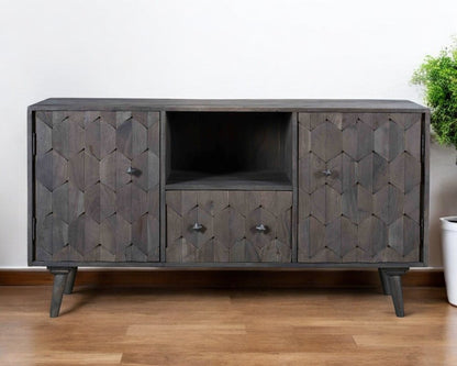 55" Dark Gray Carved Geometric Distressed Solid Wood Enclosed and Open Storage TV Stand HomeRoots