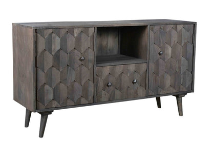 55" Dark Gray Carved Geometric Distressed Solid Wood Enclosed and Open Storage TV Stand HomeRoots
