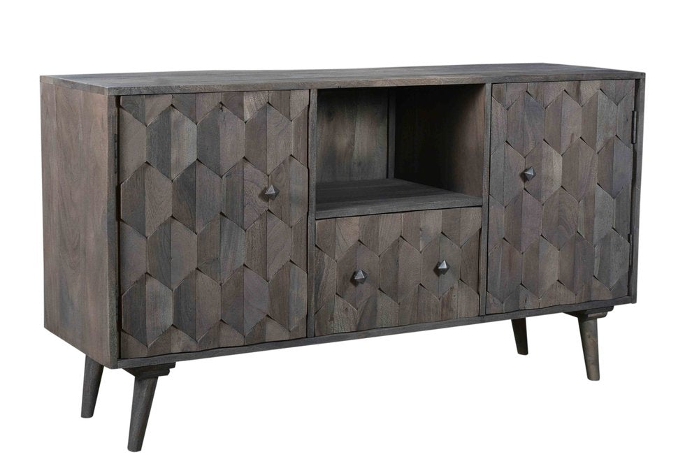 55" Dark Gray Carved Geometric Distressed Solid Wood Enclosed and Open Storage TV Stand HomeRoots