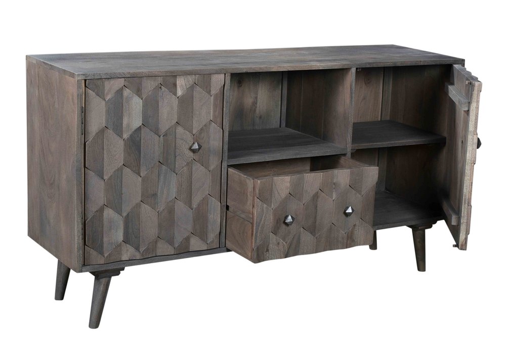 55" Dark Gray Carved Geometric Distressed Solid Wood Enclosed and Open Storage TV Stand HomeRoots