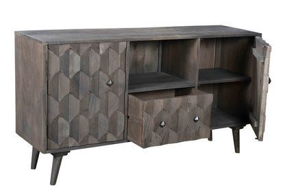55" Dark Gray Carved Geometric Distressed Solid Wood Enclosed and Open Storage TV Stand HomeRoots