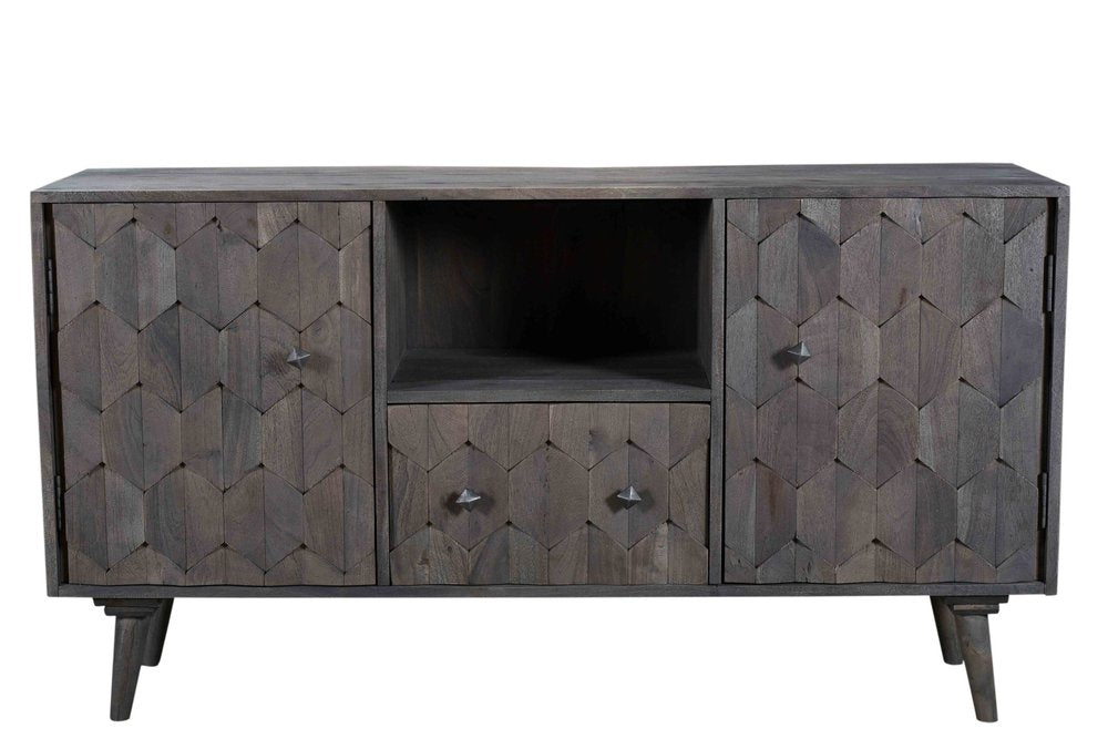 55" Dark Gray Carved Geometric Distressed Solid Wood Enclosed and Open Storage TV Stand HomeRoots