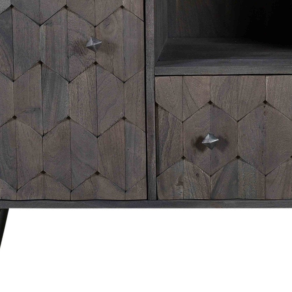 55" Dark Gray Carved Geometric Distressed Solid Wood Enclosed and Open Storage TV Stand HomeRoots