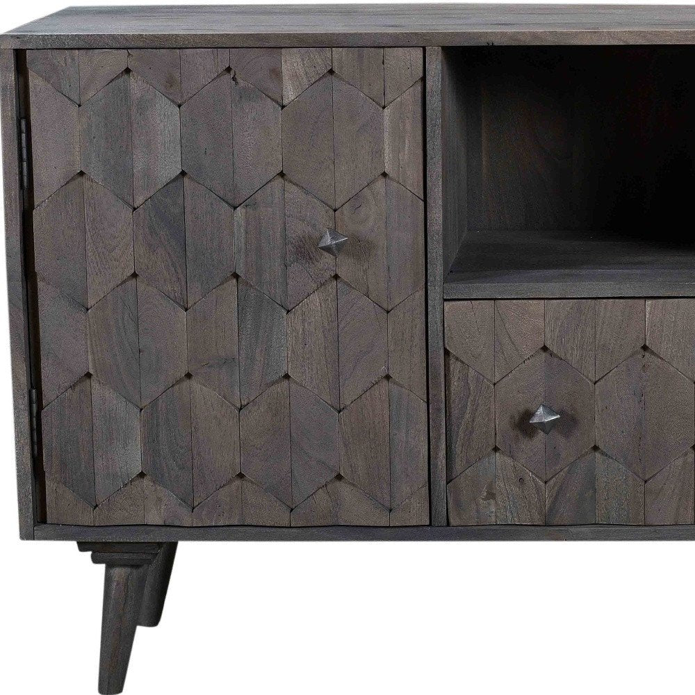 55" Dark Gray Carved Geometric Distressed Solid Wood Enclosed and Open Storage TV Stand HomeRoots