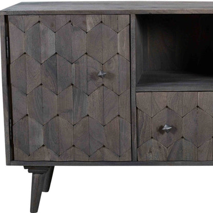 55" Dark Gray Carved Geometric Distressed Solid Wood Enclosed and Open Storage TV Stand HomeRoots