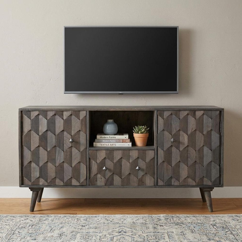 55" Dark Gray Carved Geometric Distressed Solid Wood Enclosed and Open Storage TV Stand HomeRoots
