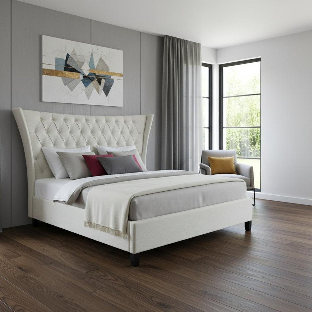 Beige King Diamond Button Tufted Upholstered Bed Frame HomeRoots