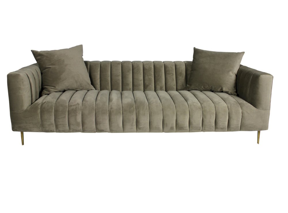 90" Gray Brown Velvet Sofa And Toss Pillows With Gold Legs HomeRoots