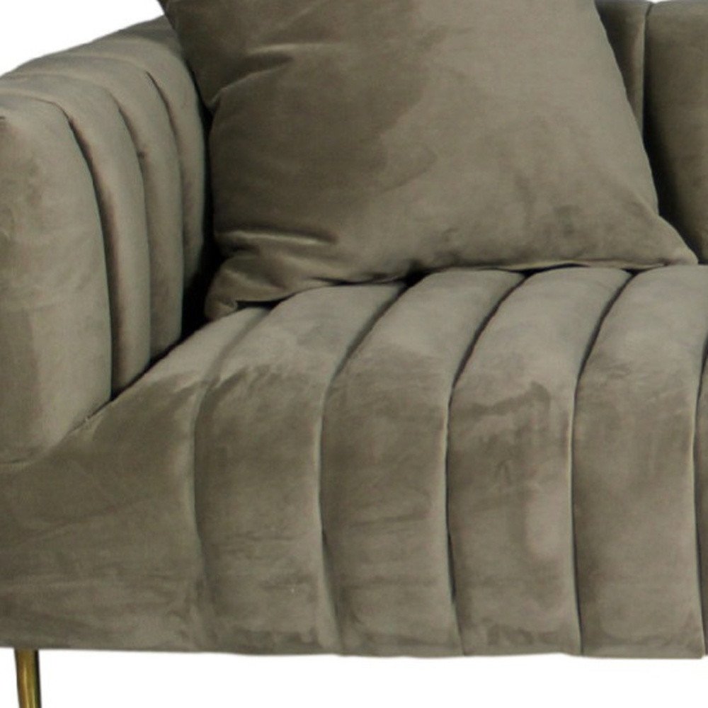 90" Gray Brown Velvet Sofa And Toss Pillows With Gold Legs HomeRoots