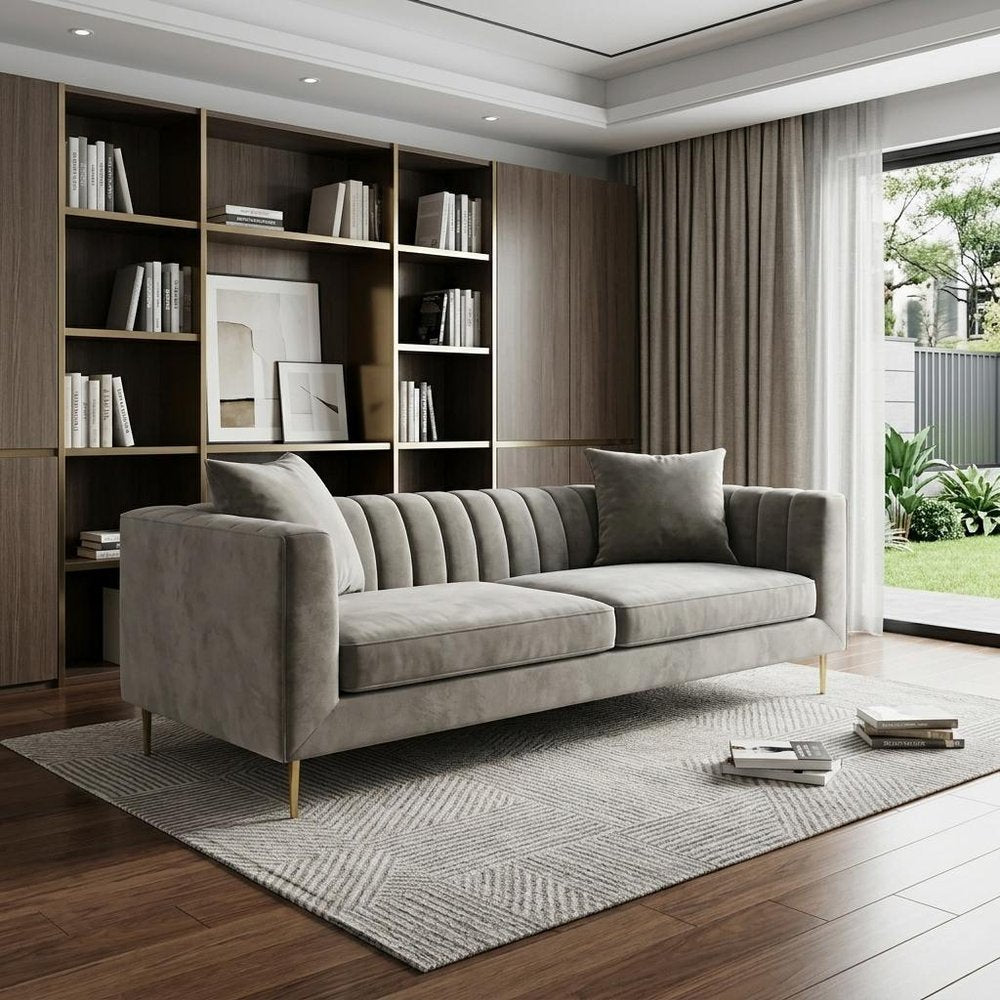 90" Gray Brown Velvet Sofa And Toss Pillows With Gold Legs HomeRoots